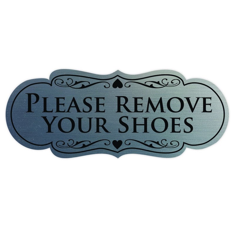 All Quality Designer Please Remove Your Shoes Wall or Door Sign - No Shoes Signage | Easy Installation - Silver - Small (1 Pack) - Image 1